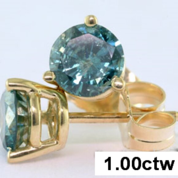 Exceptional 14Kt Yellow Gold Full-Carat Blue Diamond Stud Earrings